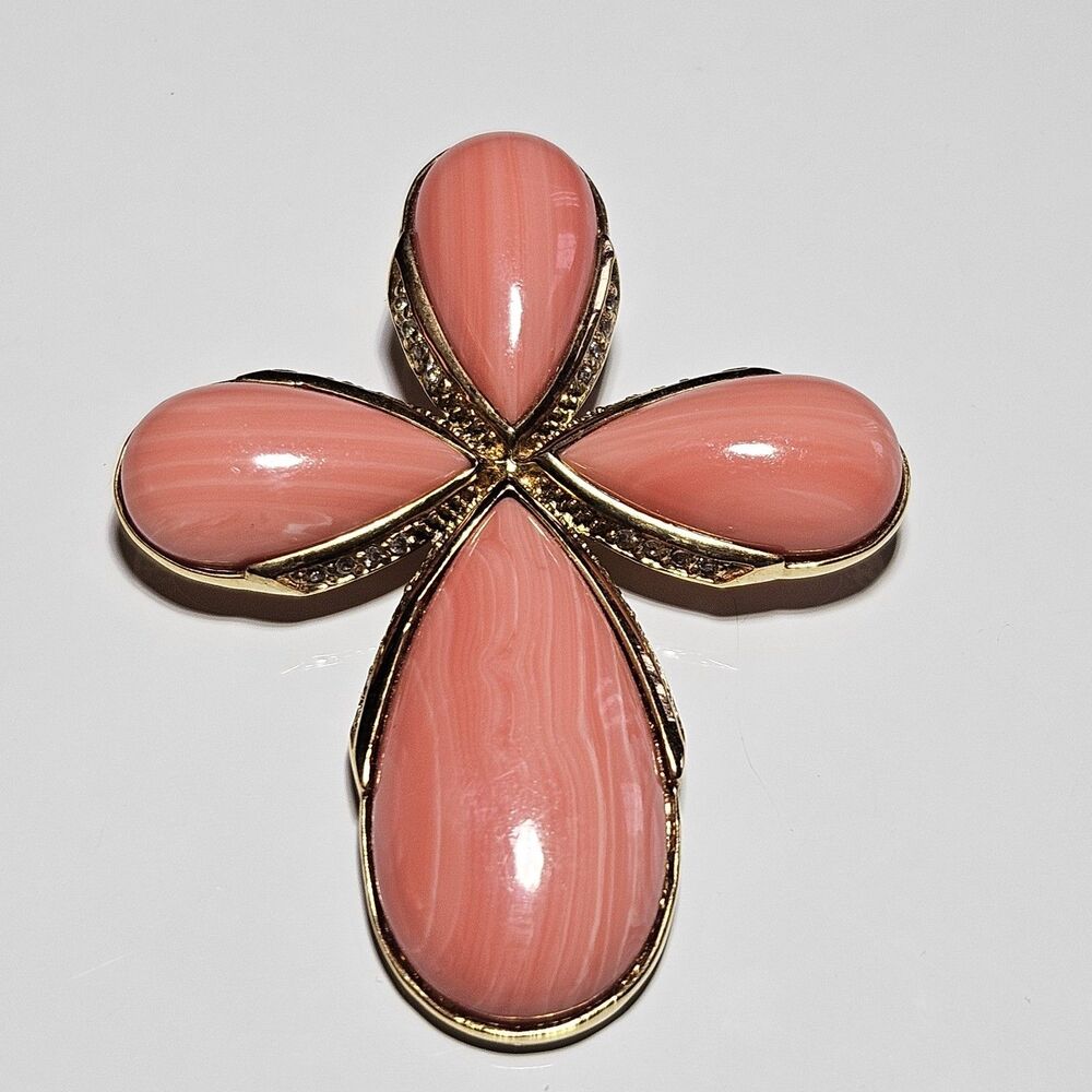 Suzanne Somers Vermeil Gold Over Sterling Coral Colored Cross Pendant
